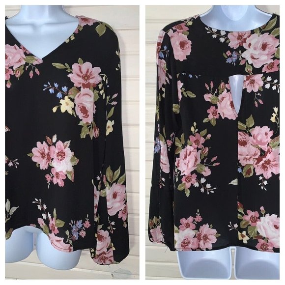 Monteau Tops - Monteau Los Angeles Sz MEDIUM Black Floral Pullover Blouse Keyhole Back EUC